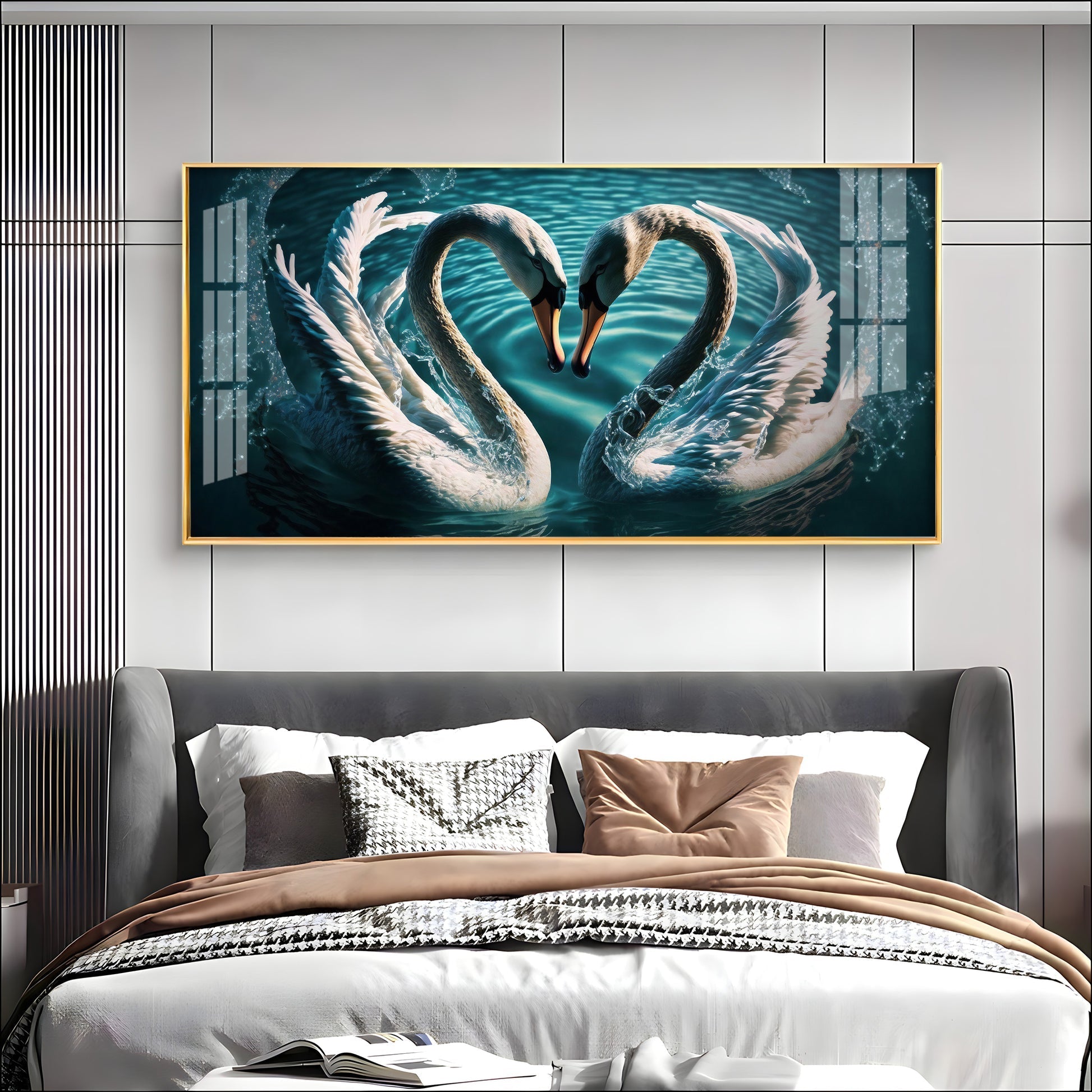 Elegant White Swan Pair Symbol of Love Designer Acrylic Wall Painting