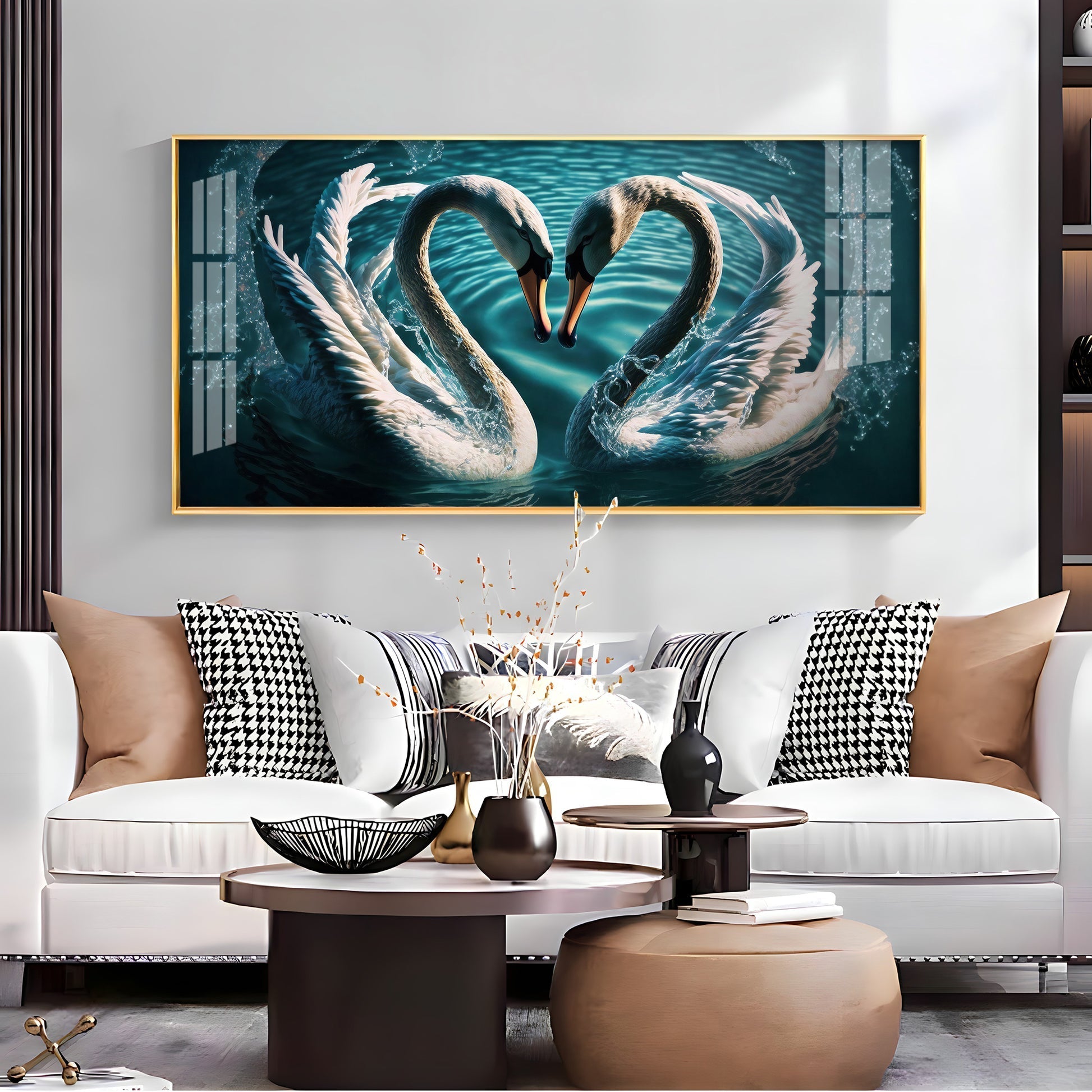 Elegant White Swan Pair Symbol of Love Designer Acrylic Wall Painting
