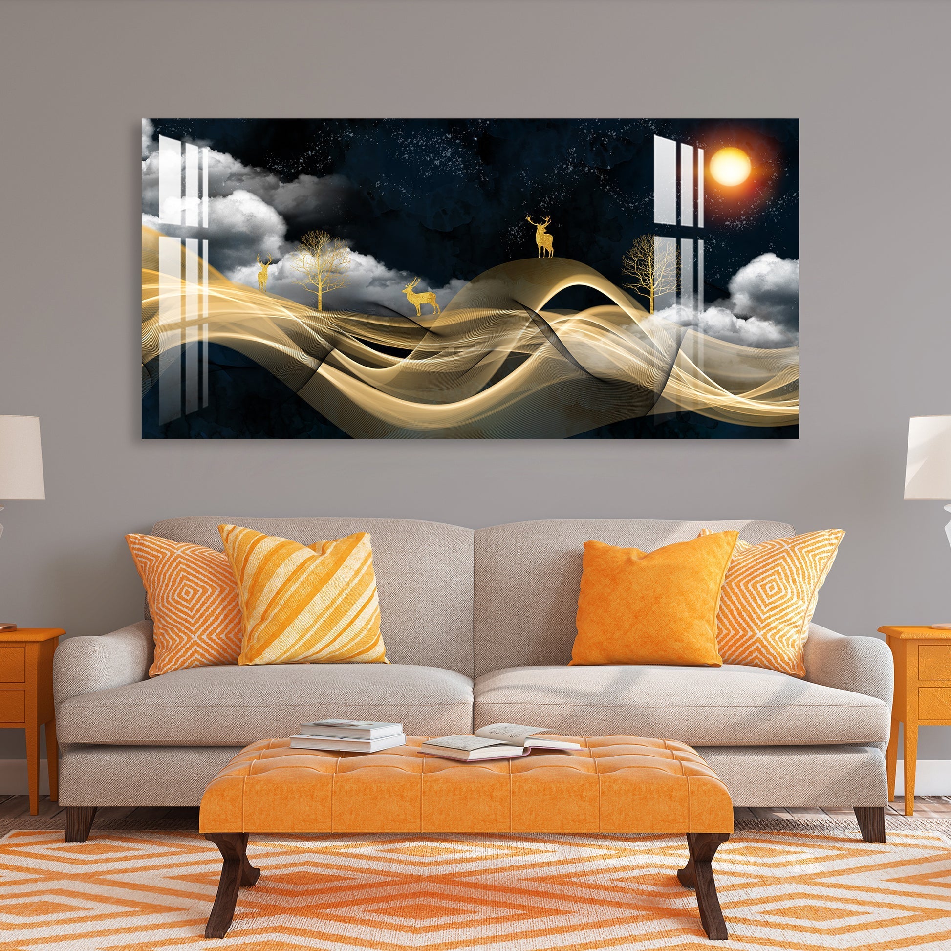 Luxury Golden Wave Landscape Deer Night Theme Premium Acrylic Wall Painting