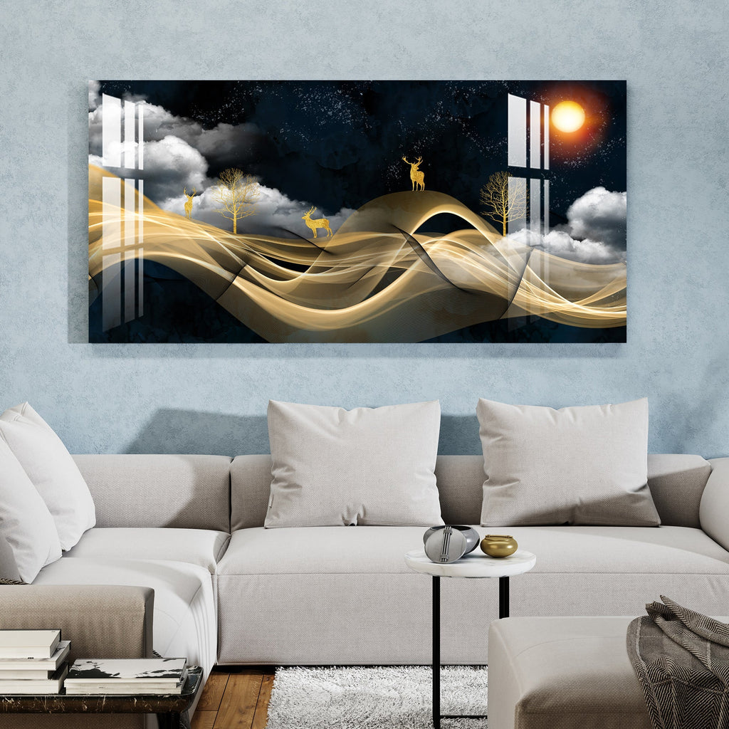 Luxury Golden Wave Landscape Deer Night Theme Premium Acrylic Wall Painting