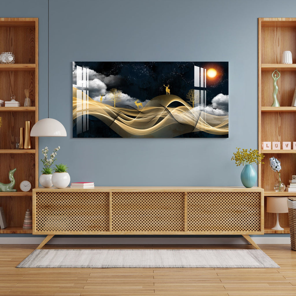 Luxury Golden Wave Landscape Deer Night Theme Premium Acrylic Wall Painting