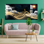 Luxury Golden Wave Landscape Deer Night Theme Premium Acrylic Wall Painting