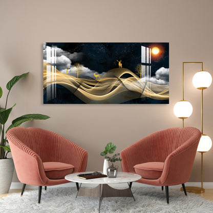 Luxury Golden Wave Landscape Deer Night Theme Premium Acrylic Wall Painting
