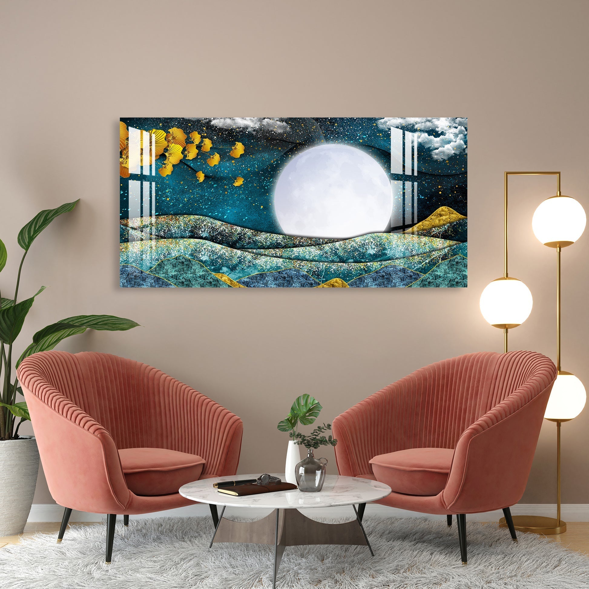 Elegant Blue Gold Moonlight Abstract Landscape Premium Acrylic Wall Painting
