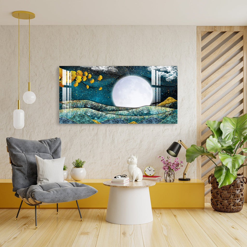 Elegant Blue Gold Moonlight Abstract Landscape Premium Acrylic Wall Painting