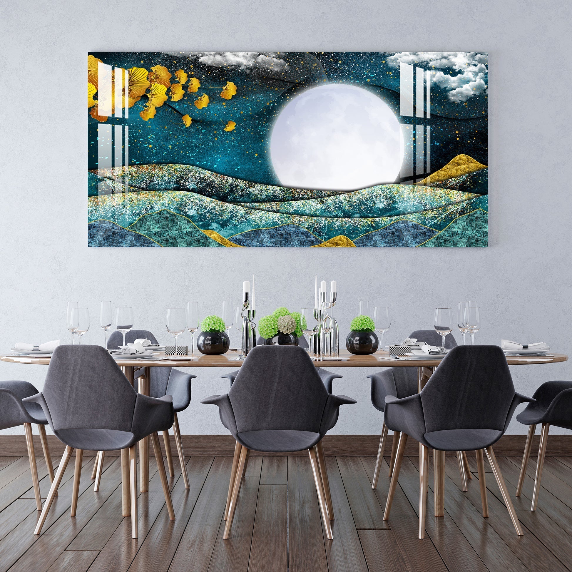 Elegant Blue Gold Moonlight Abstract Landscape Premium Acrylic Wall Painting