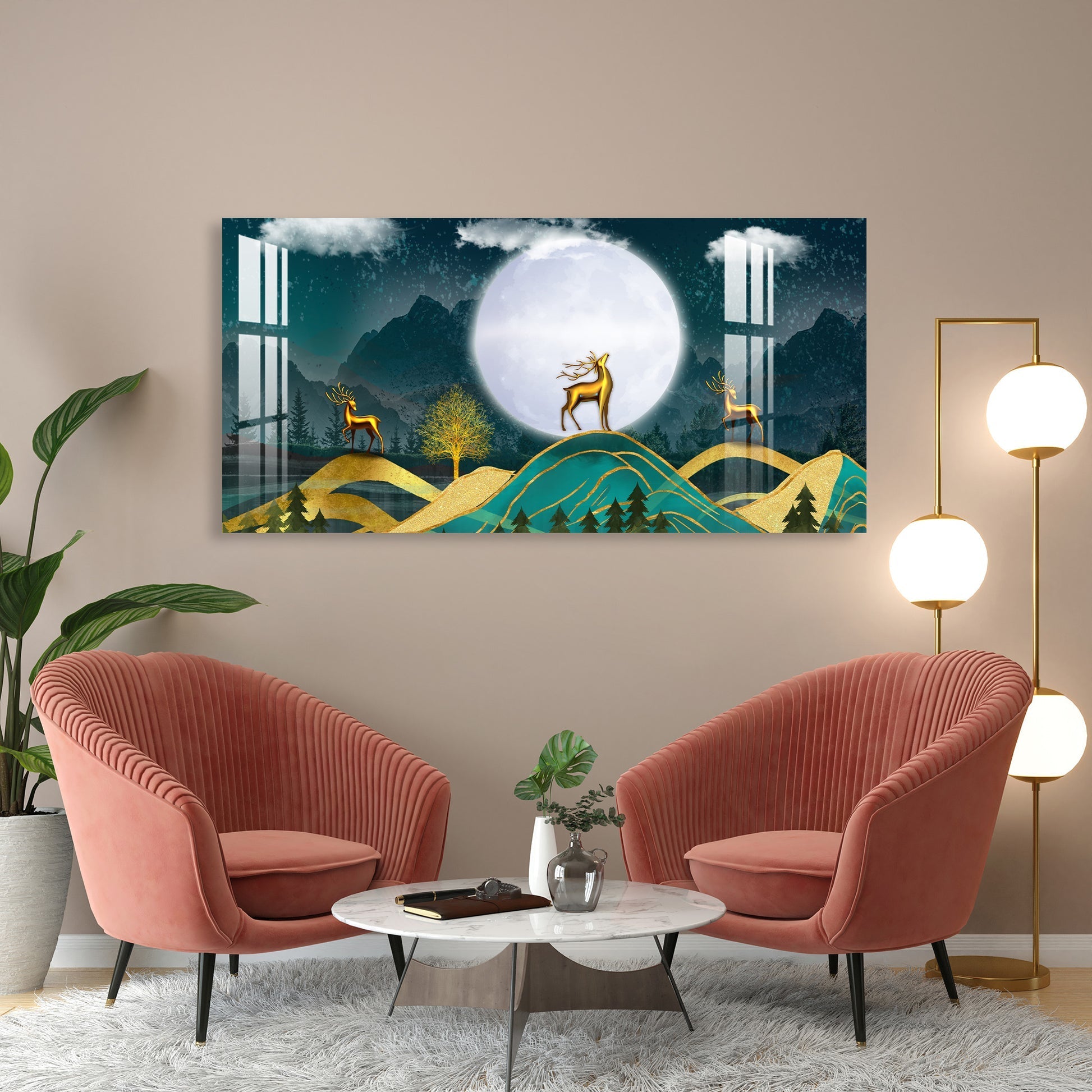 Golden Deer Moonlight Landscape Artistic Premium Acrylic wall painting
