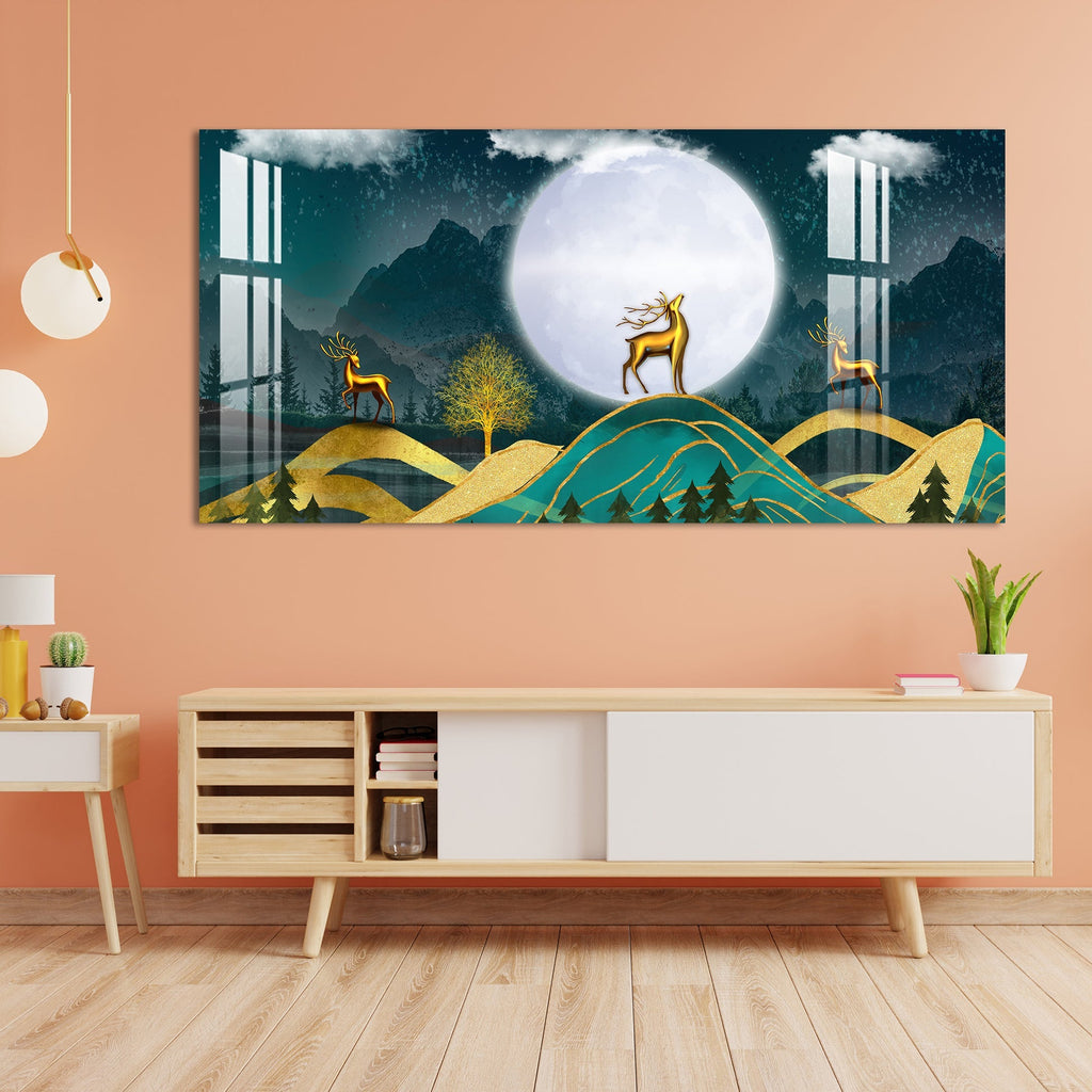 Golden Deer Moonlight Landscape Artistic Premium Acrylic wall painting