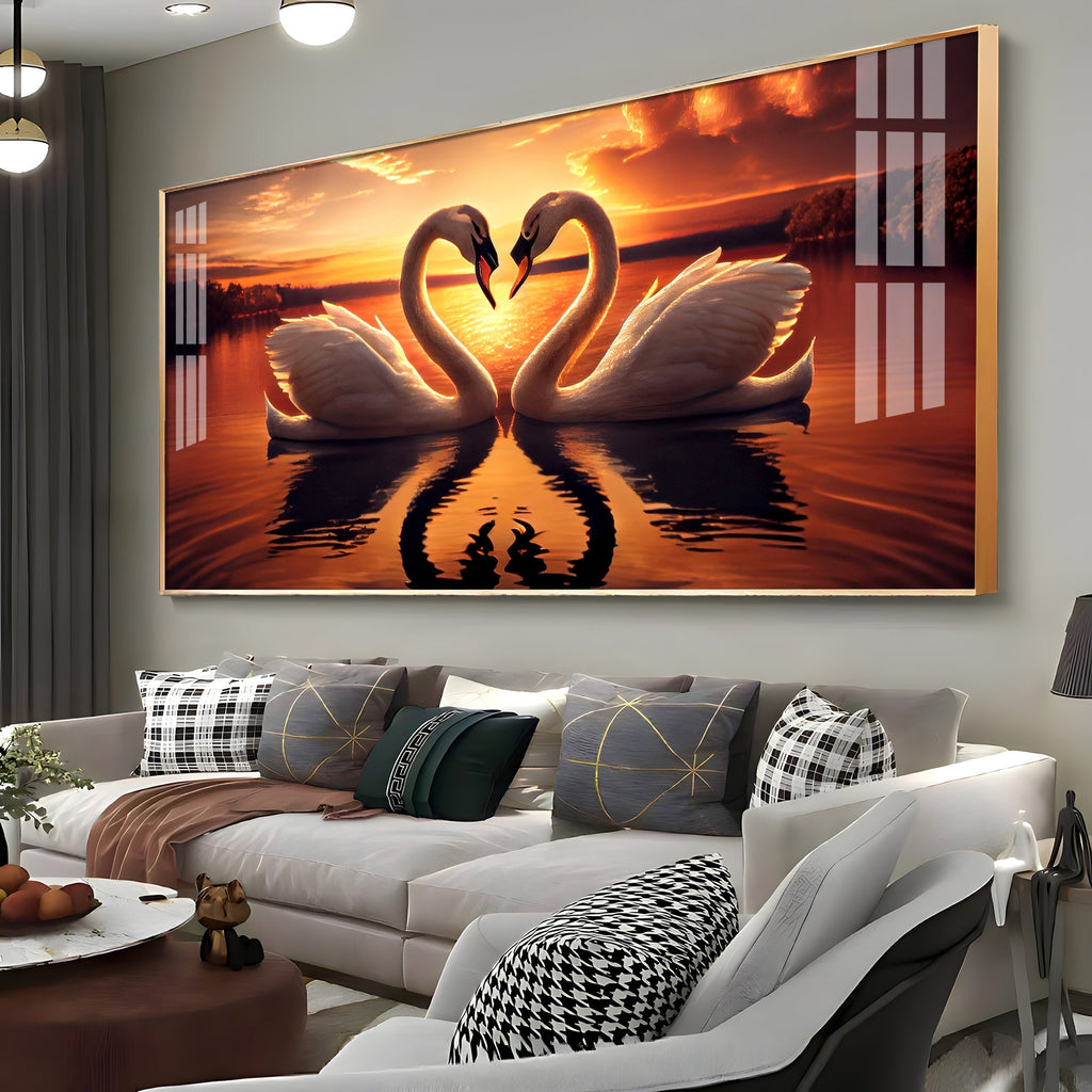Love Birds Swan Couple Golden Hour Acrylic wall painting