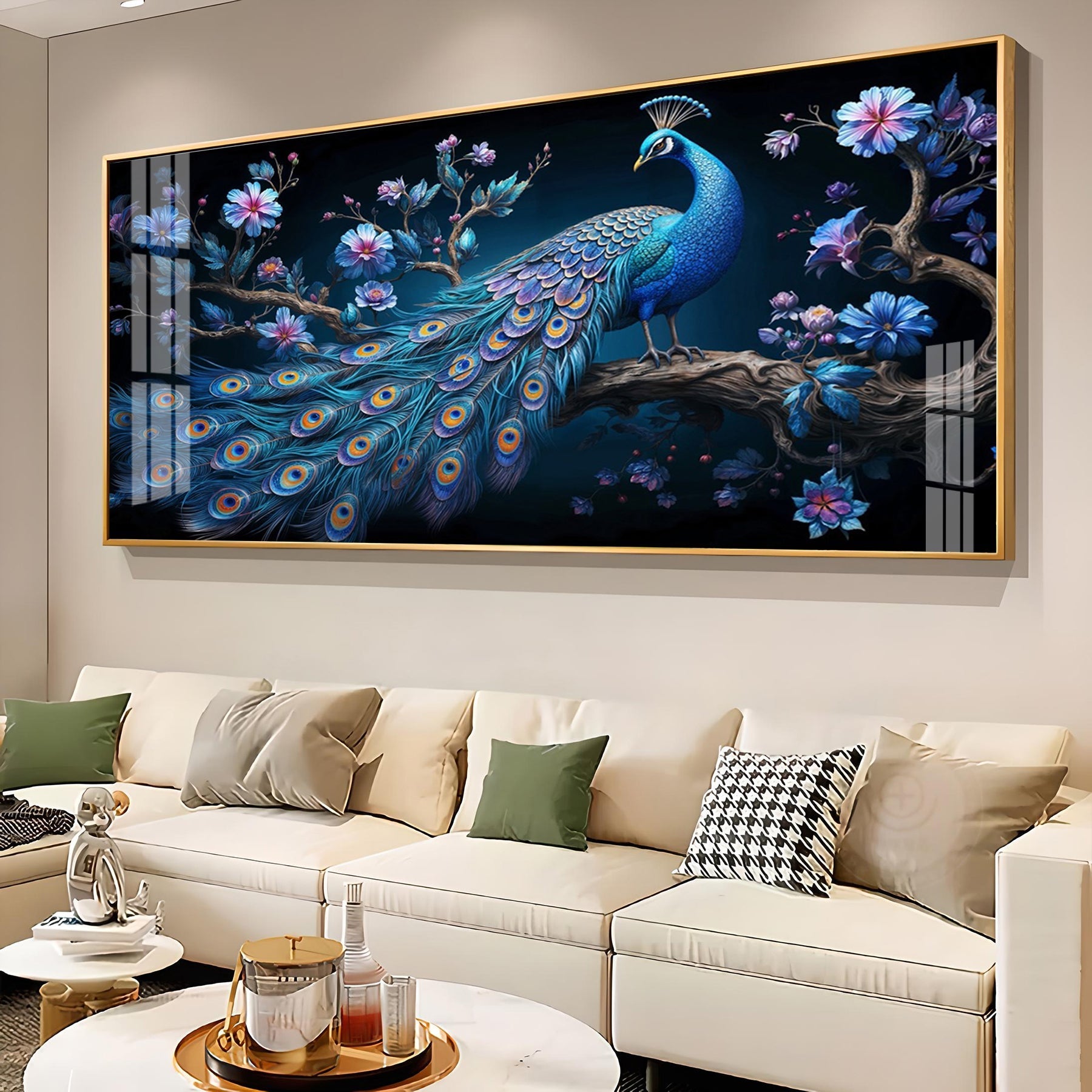 Royal Peacock Floral Night Theme Premium Acrylic wall painting