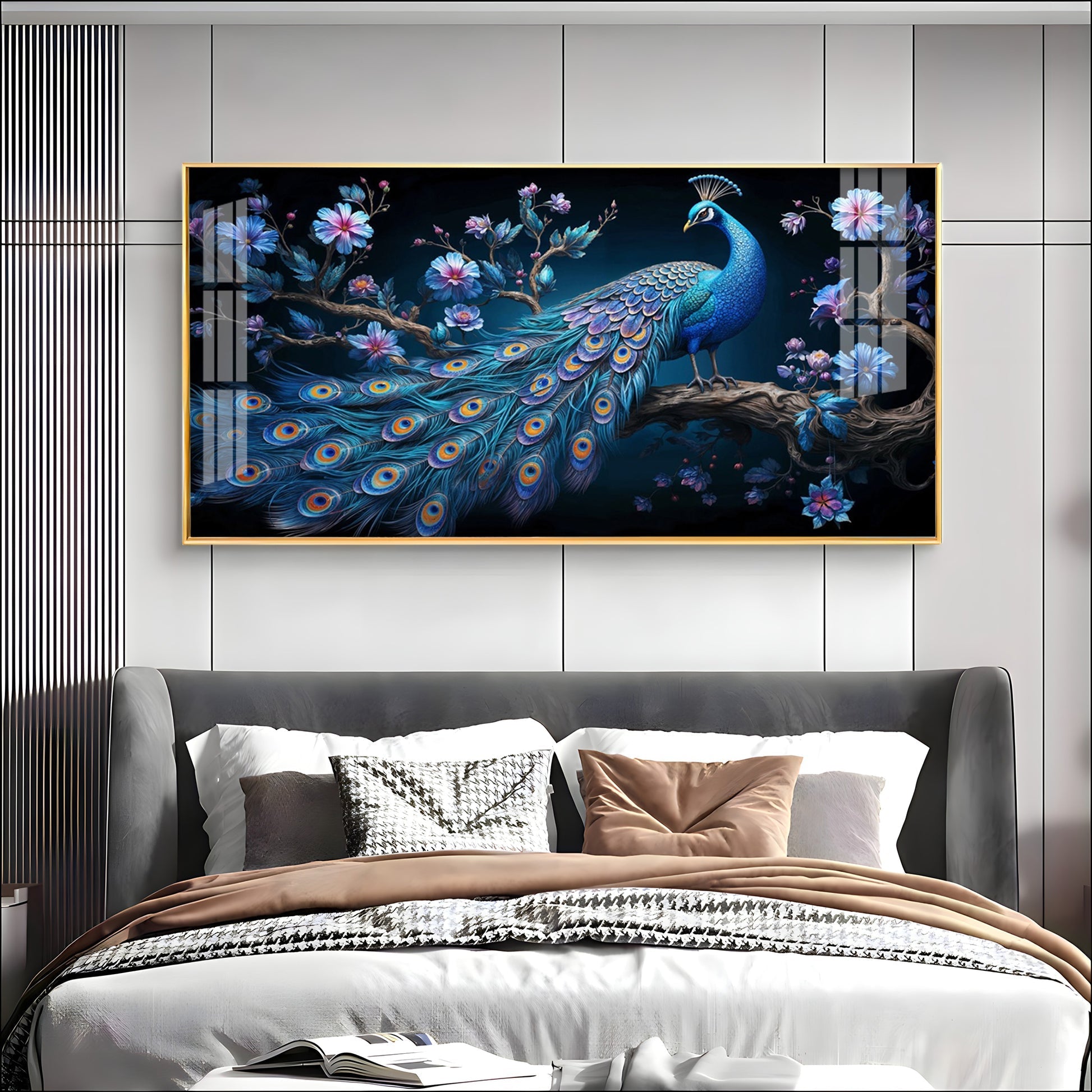 Royal Peacock Floral Night Theme Premium Acrylic wall painting