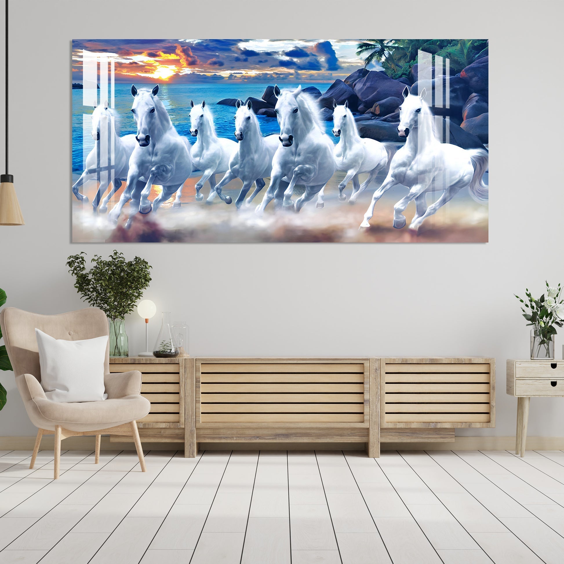 Seven White Horses Vastu Inspired Design acrylic wall painting
