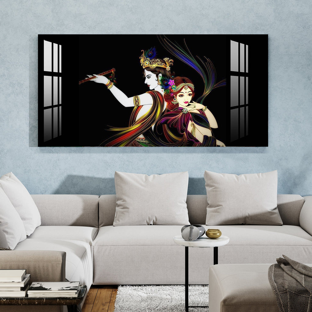 Elegant Radha Krishna Flute Art Black Theme acrylic wall painting
