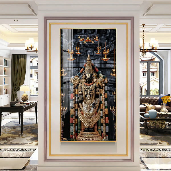 Vibrant Golden Tirupati Balaji Vertical Acrylic Wall Art for Living Room