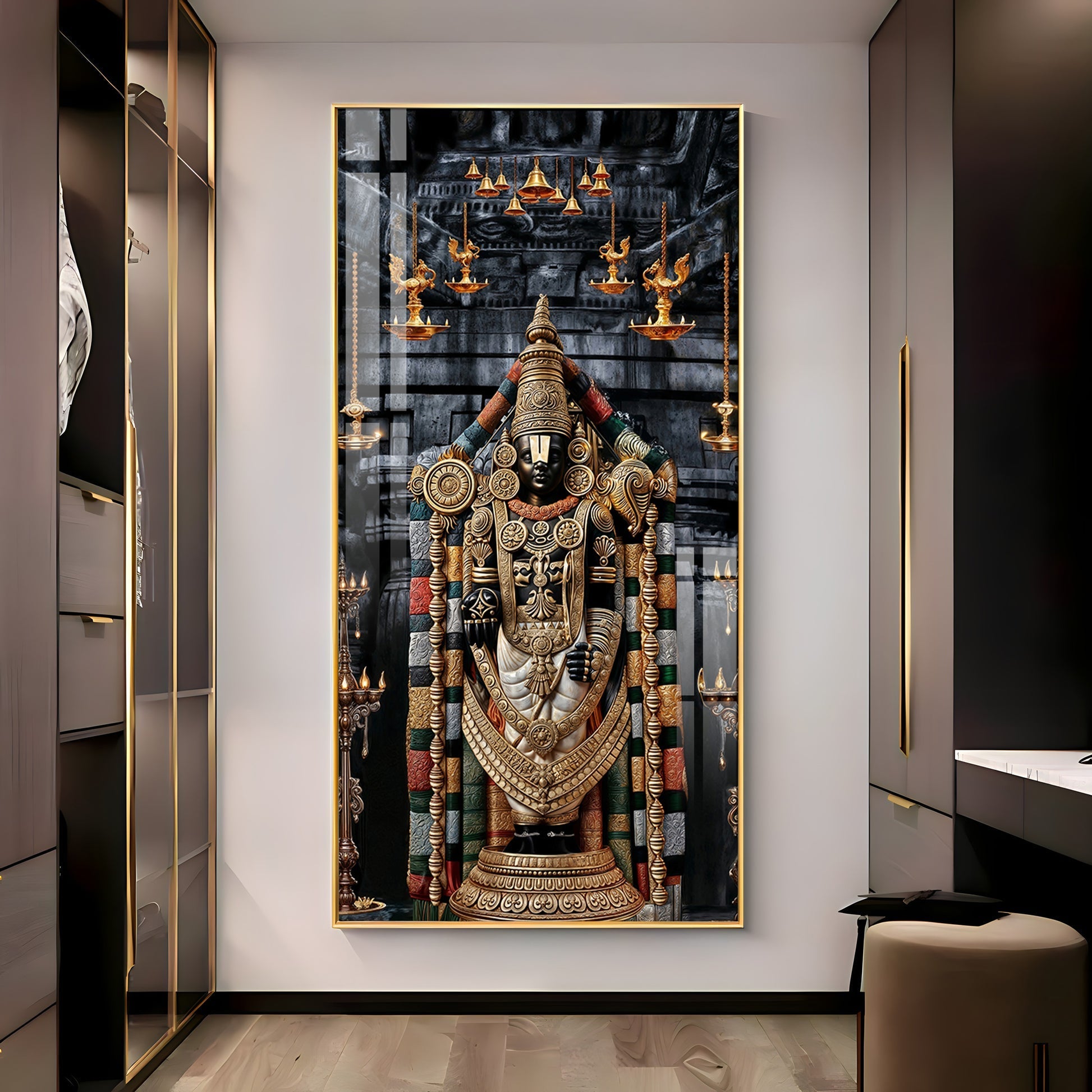 Vibrant Golden Tirupati Balaji Vertical Acrylic Wall Art for Living Room