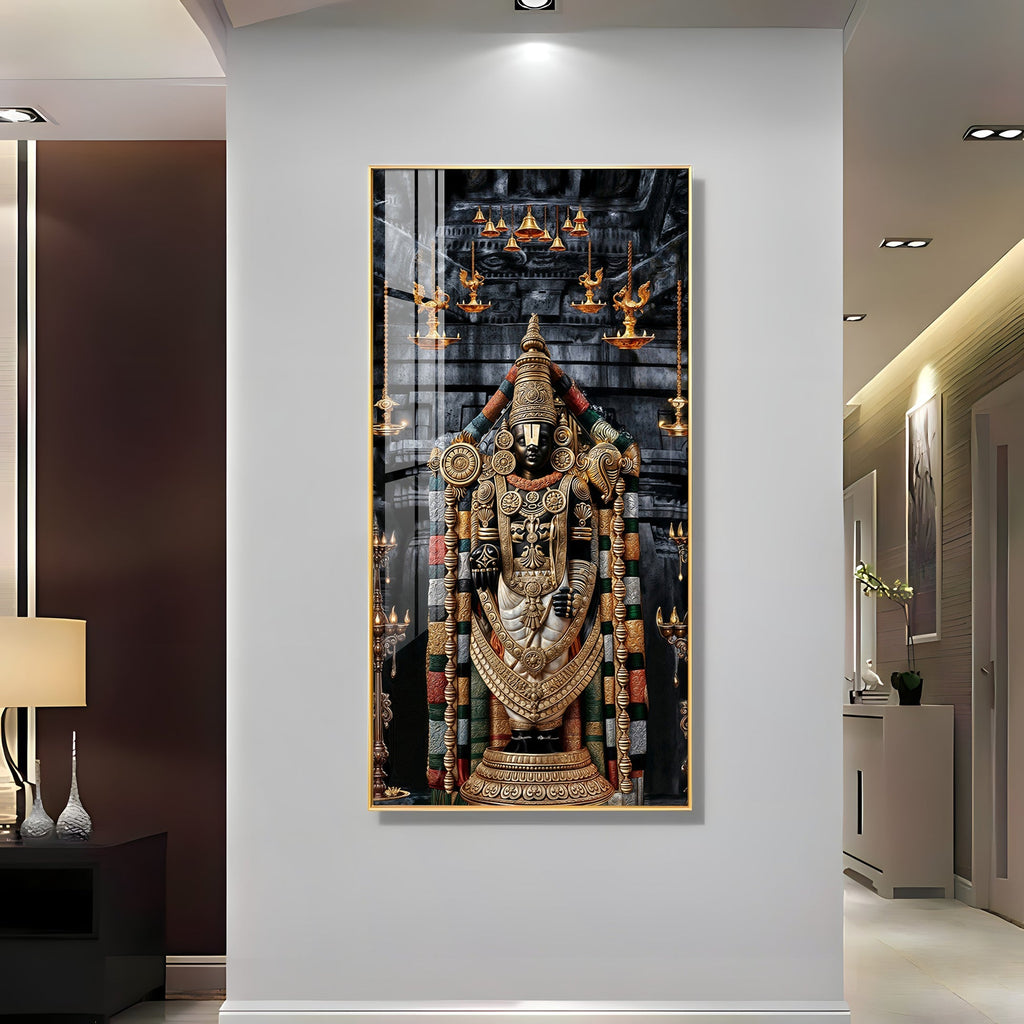 Vibrant Golden Tirupati Balaji Vertical Acrylic Wall Art for Living Room