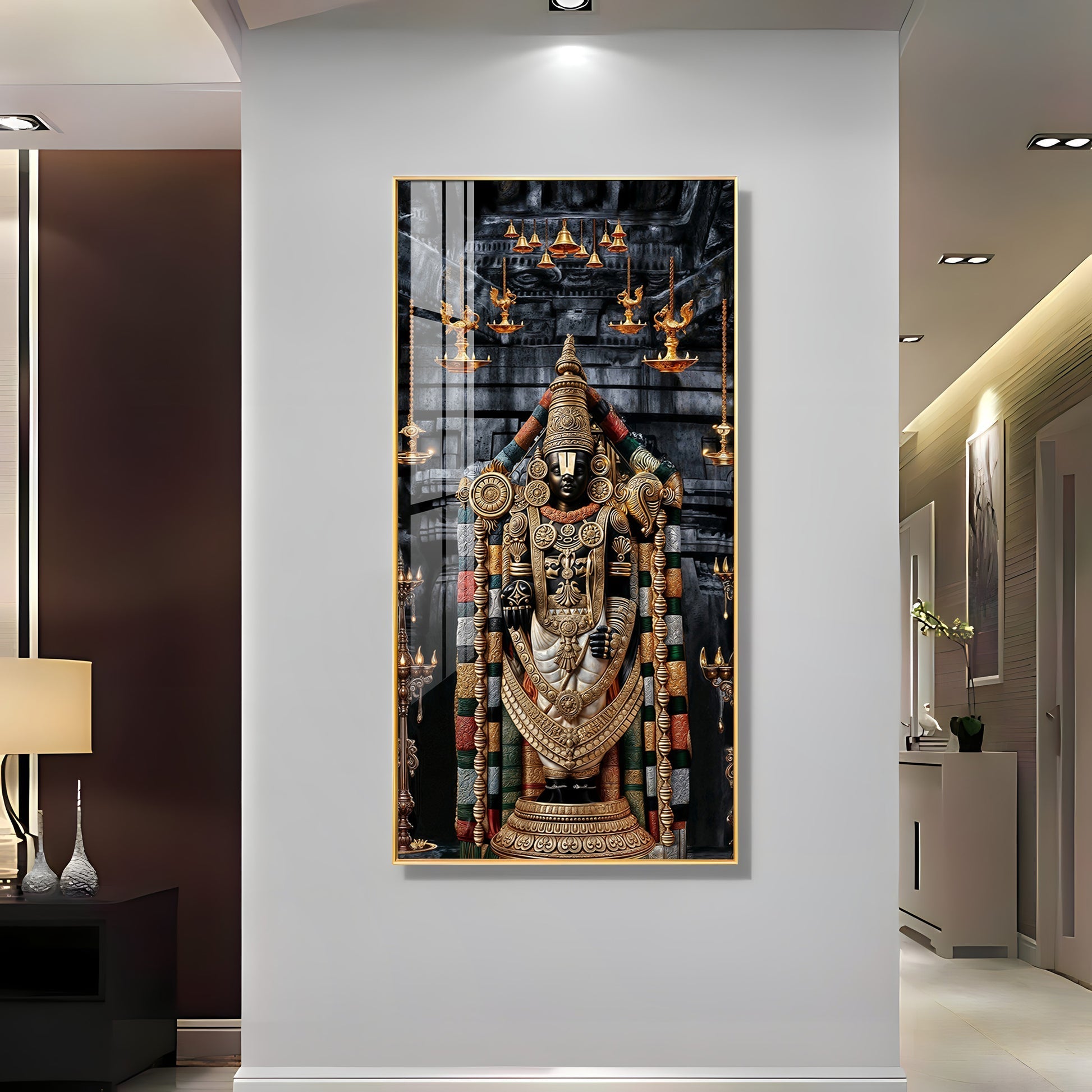 Vibrant Golden Tirupati Balaji Vertical Acrylic Wall Art for Living Room