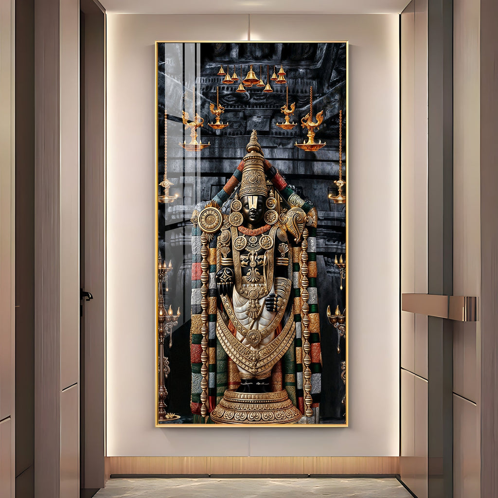 Vibrant Golden Tirupati Balaji Vertical Acrylic Wall Art for Living Room