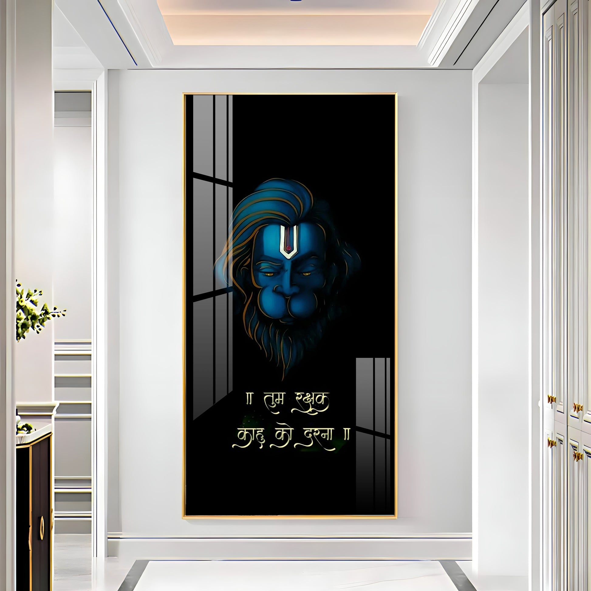 Divine Hanuman Portrait Acrylic Wall Painting with Elegant Black Theme and Gold Frame Look