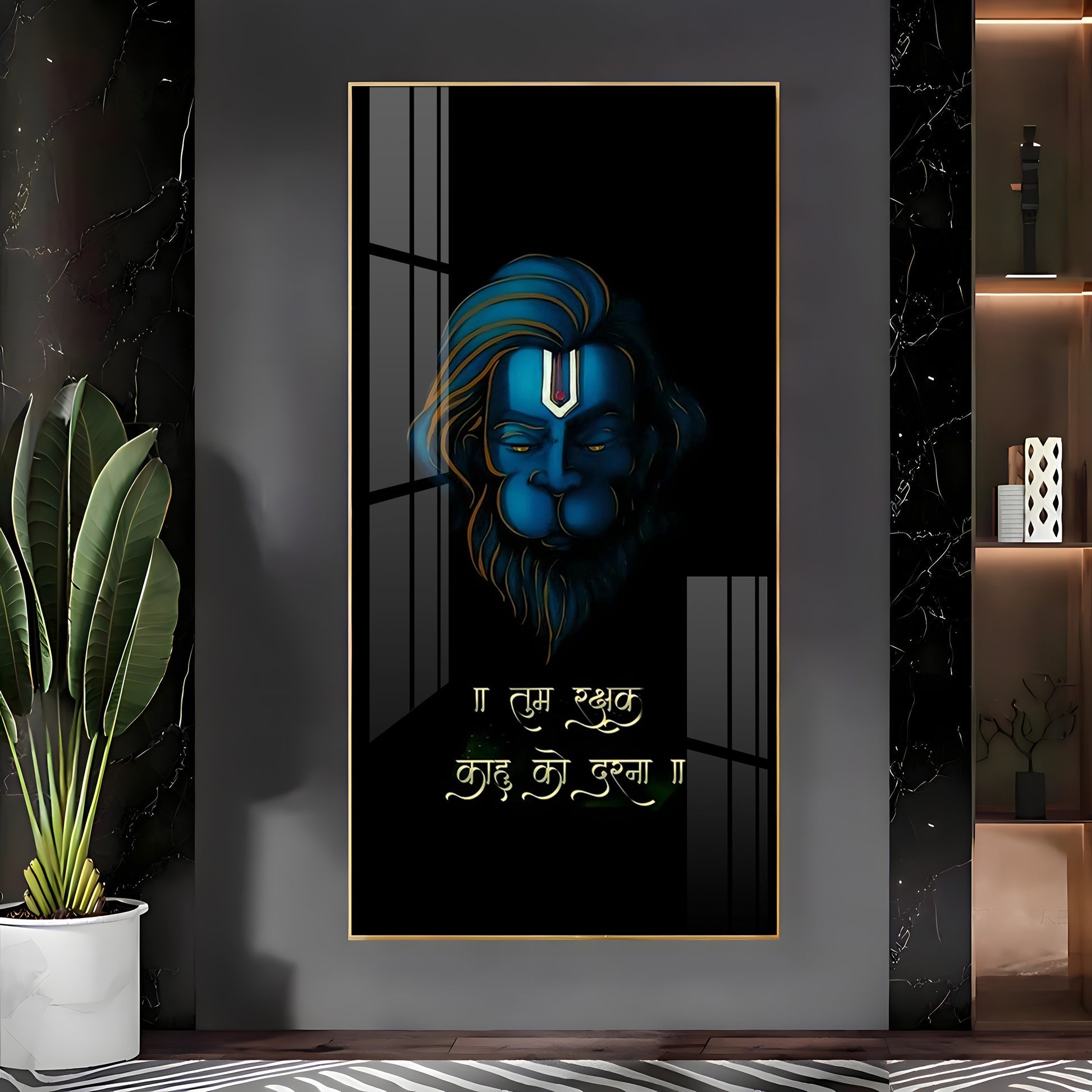 Divine Hanuman Portrait Acrylic Wall Painting with Elegant Black Theme and Gold Frame Look