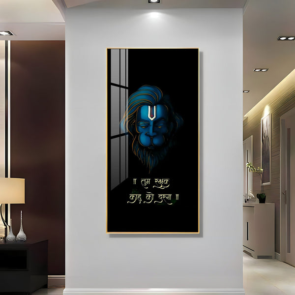 Divine Hanuman Portrait Acrylic Wall Painting with Elegant Black Theme and Gold Frame Look