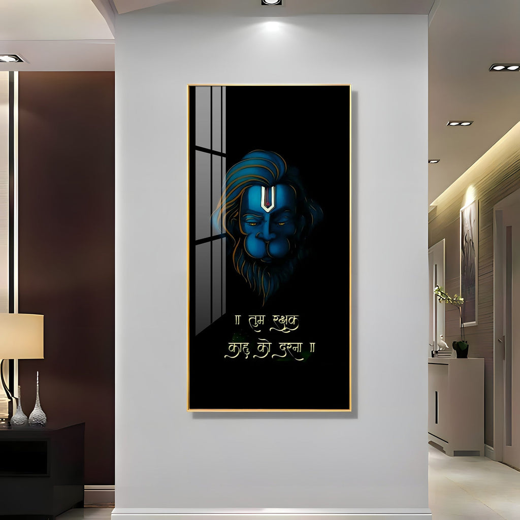 Divine Hanuman Portrait Acrylic Wall Painting with Elegant Black Theme and Gold Frame Look