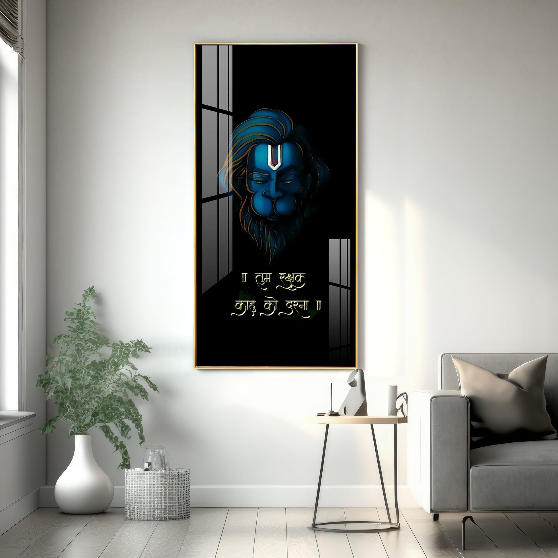 Divine Hanuman Portrait Acrylic Wall Painting with Elegant Black Theme and Gold Frame Look