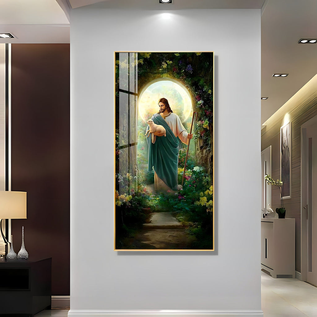 Peaceful Jesus with Sheep Acrylic Wall Painting for Living Room and Prayer Space