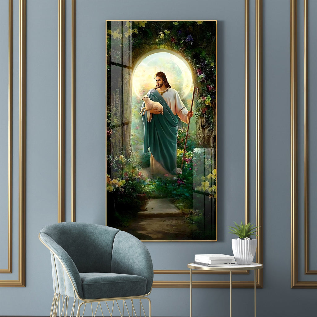 Peaceful Jesus with Sheep Acrylic Wall Painting for Living Room and Prayer Space