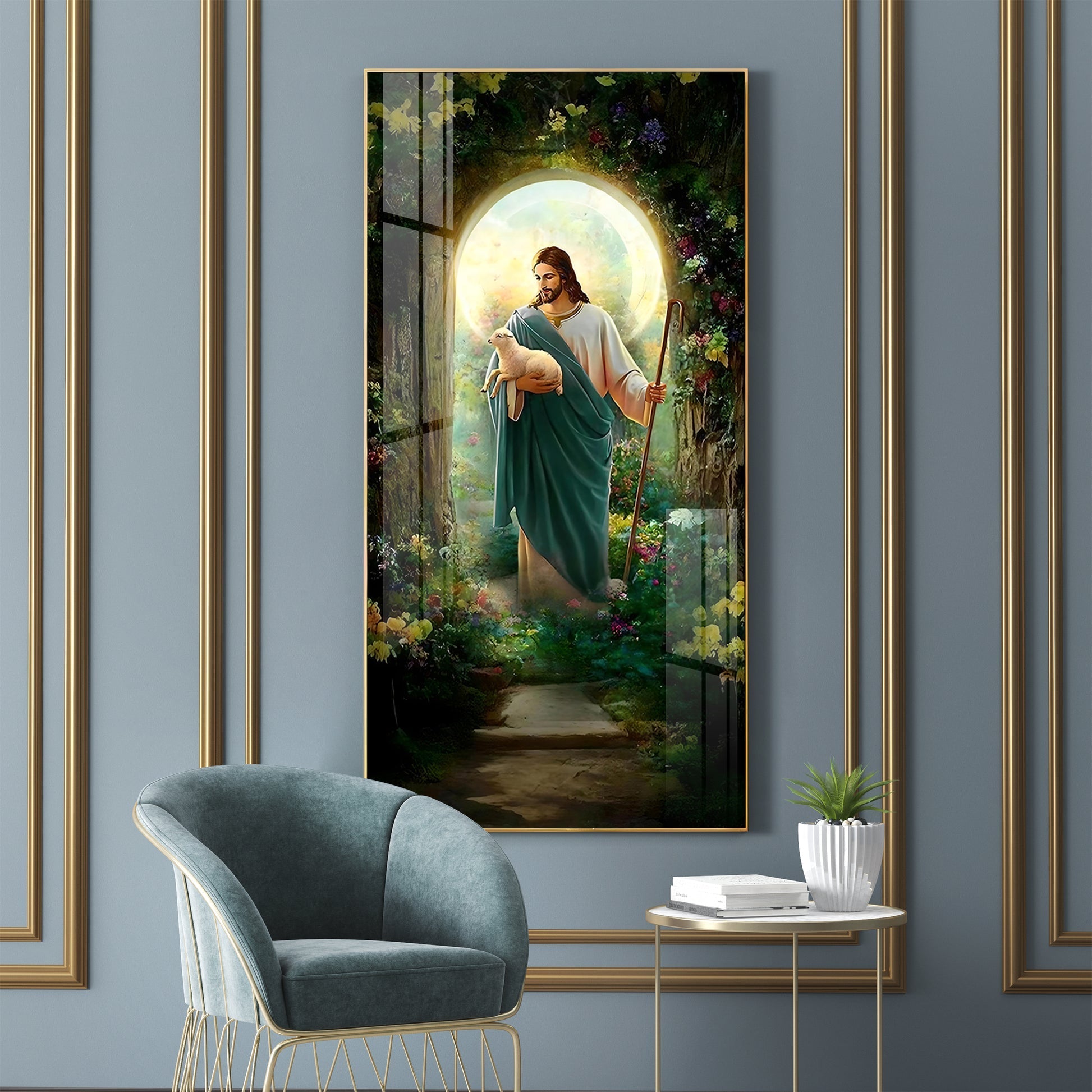 Peaceful Jesus with Sheep Acrylic Wall Painting for Living Room and Prayer Space