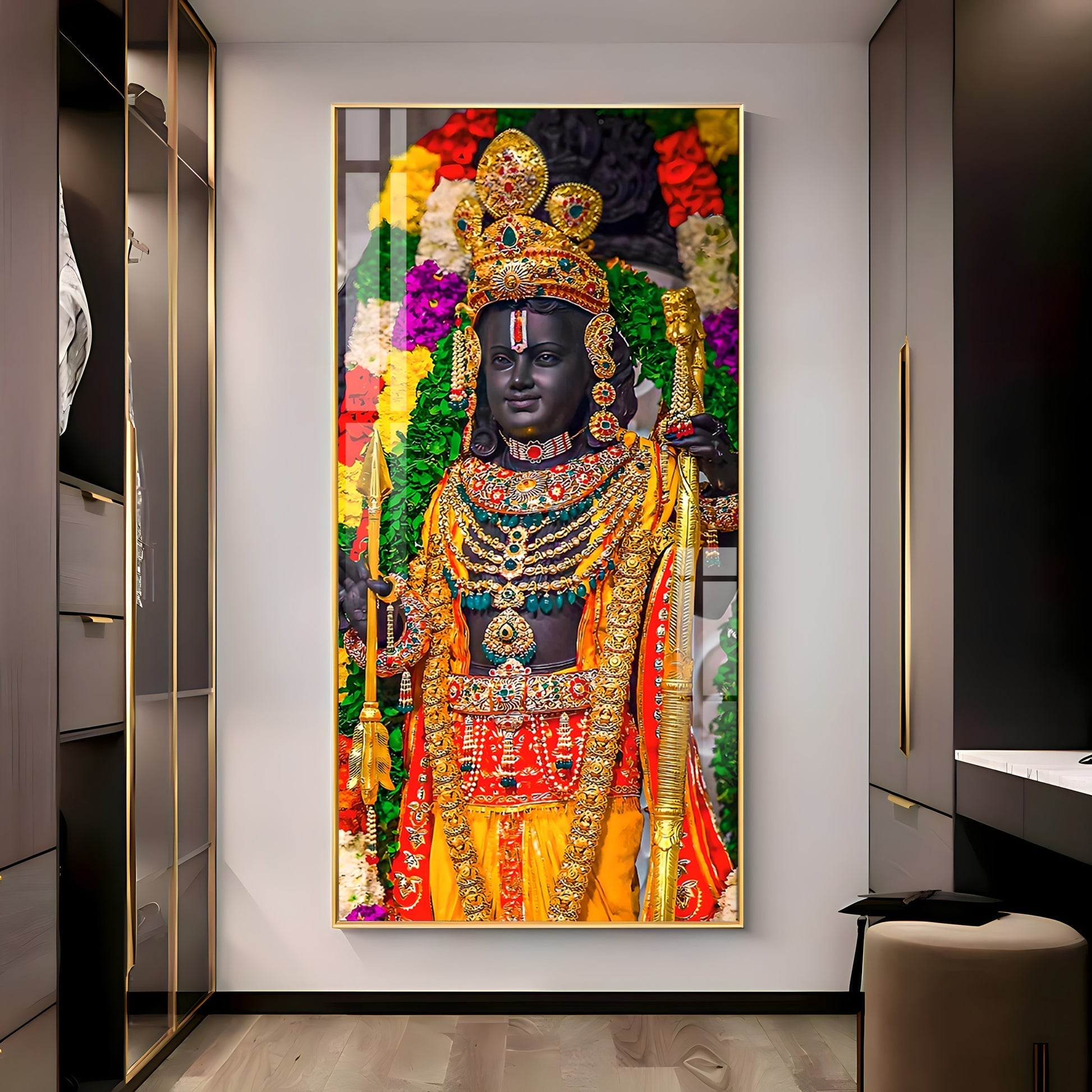 Divine Lord Ram Traditional Temple Style Acrylic Wall Painting with Rich Jewelry Details