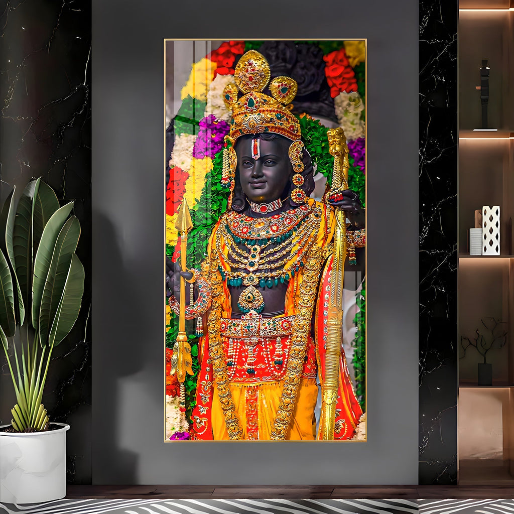 Divine Lord Ram Traditional Temple Style Acrylic Wall Painting with Rich Jewelry Details