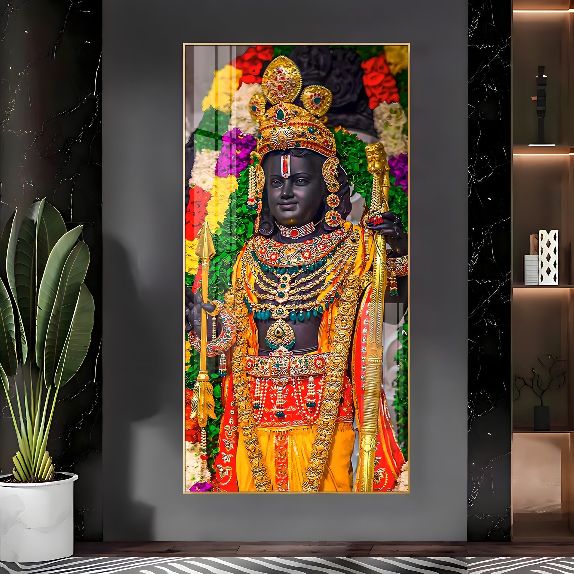 Divine Lord Ram Traditional Temple Style Acrylic Wall Painting with Rich Jewelry Details