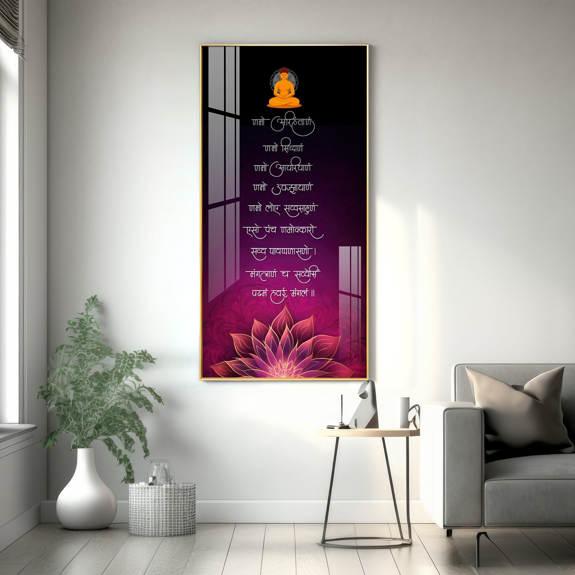 Modern Spiritual Buddha Acrylic Wall Painting with Motivational Sanskrit Lines and Lotus Design