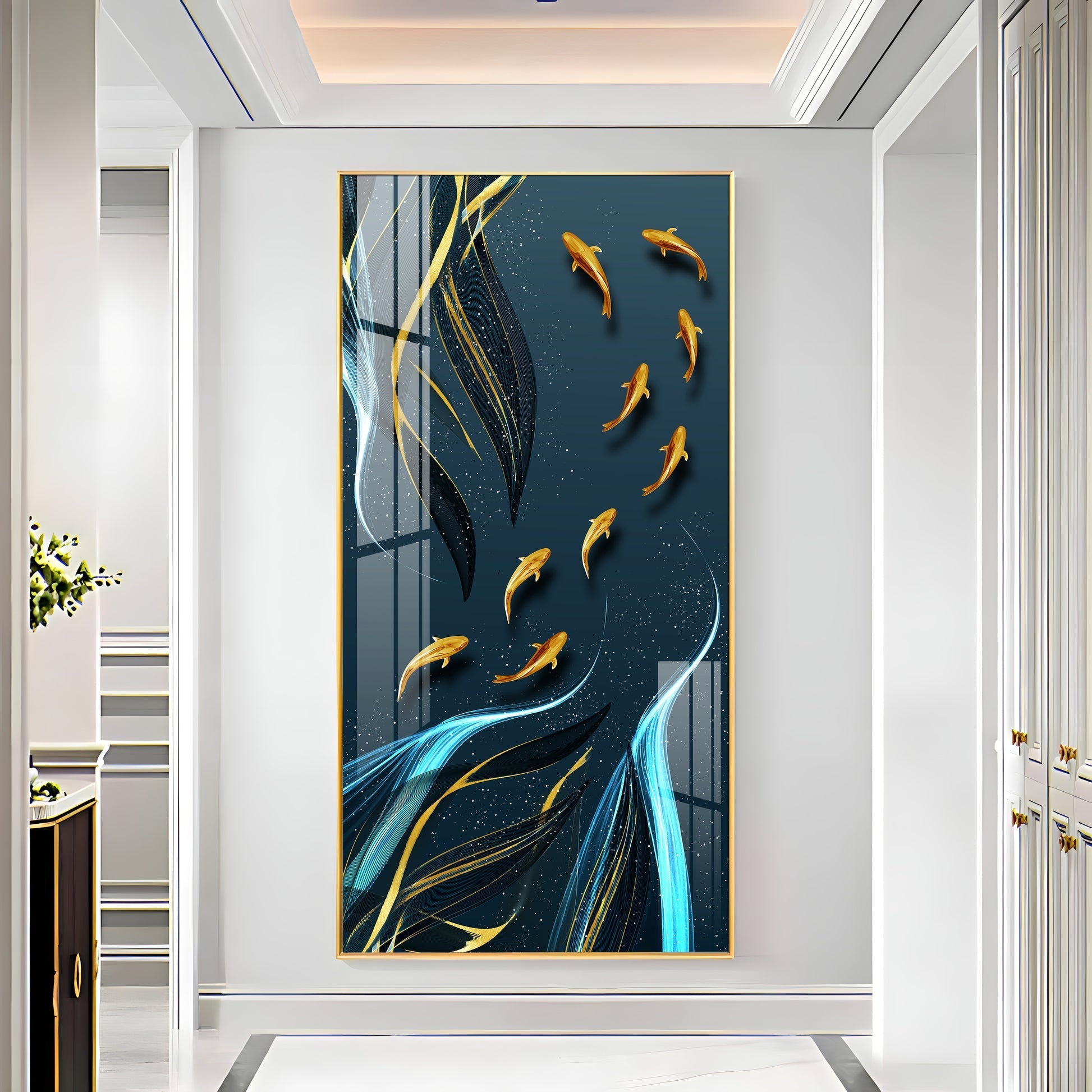 Stylish Golden Fish Acrylic Wall Painting with Artistic Water Flow Pattern for Home Decor