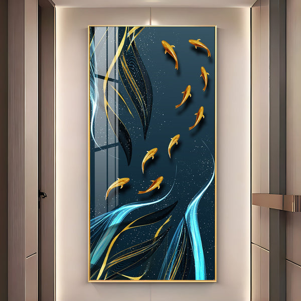 Stylish Golden Fish Acrylic Wall Painting with Artistic Water Flow Pattern for Home Decor