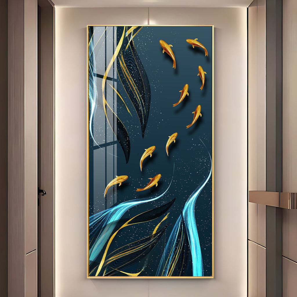 Stylish Golden Fish Acrylic Wall Painting with Artistic Water Flow Pattern for Home Decor