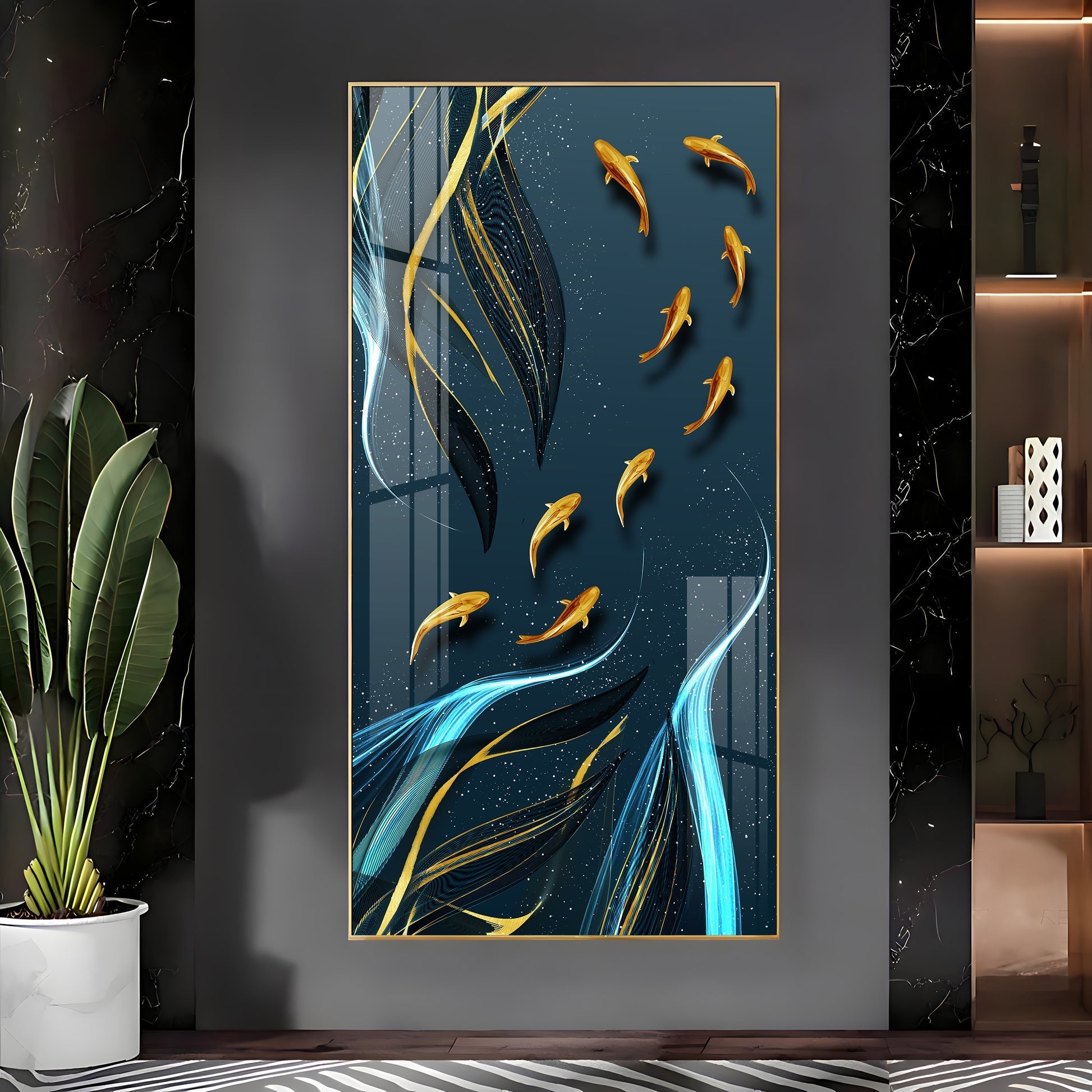 Stylish Golden Fish Acrylic Wall Painting with Artistic Water Flow Pattern for Home Decor