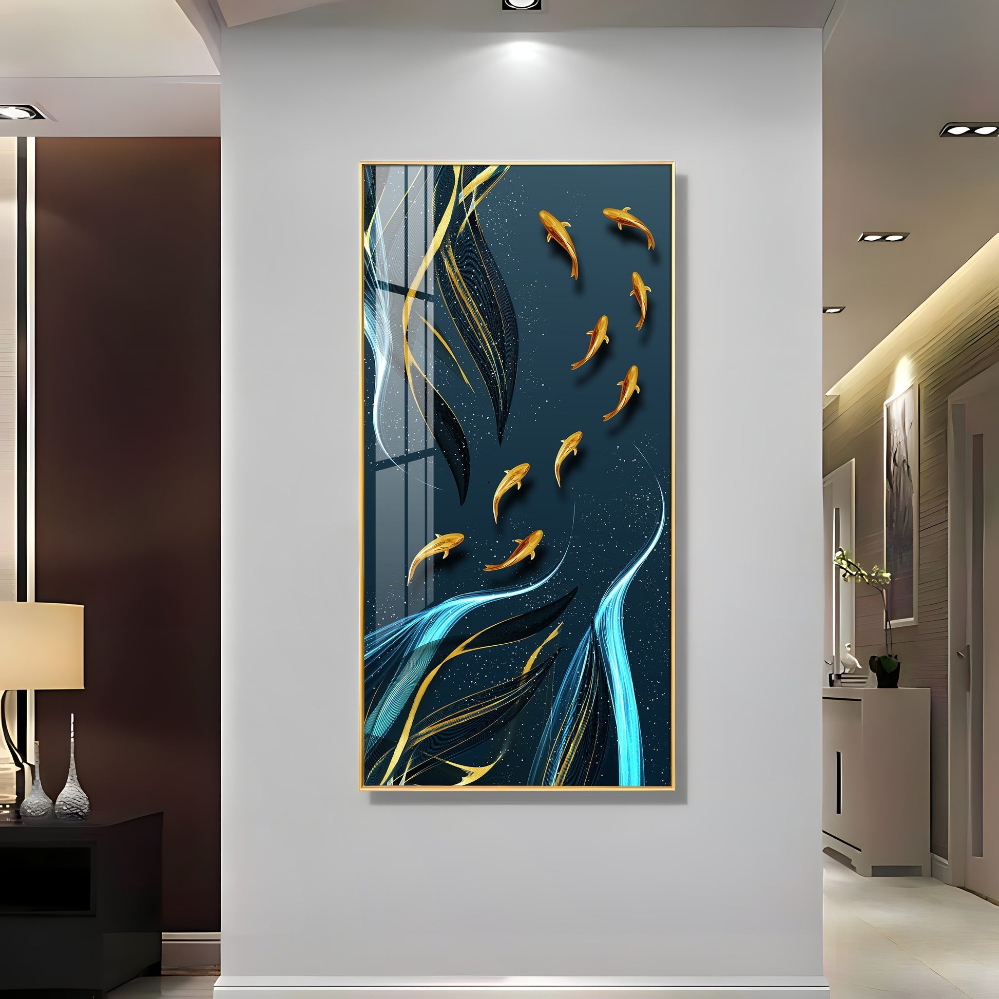 Stylish Golden Fish Acrylic Wall Painting with Artistic Water Flow Pattern for Home Decor