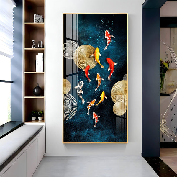 Premium Multicolor Koi Fish Acrylic Wall Painting with Abstract Blue Texture for Home Decor