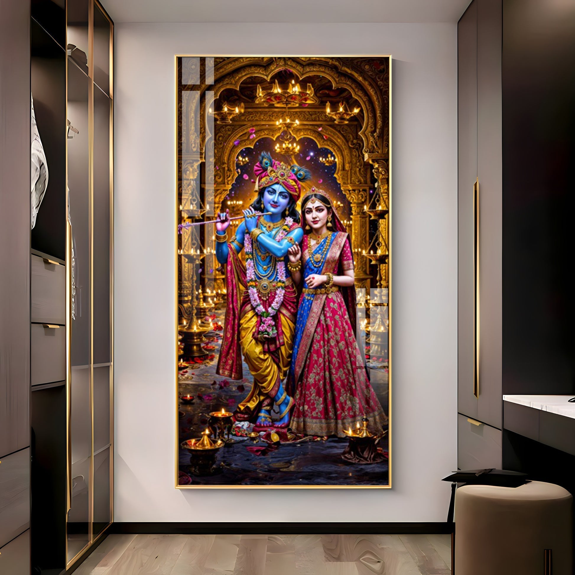 Premium Radha Krishna Acrylic Wall Painting with Rich Colors and Decorative Diya Lighting Theme