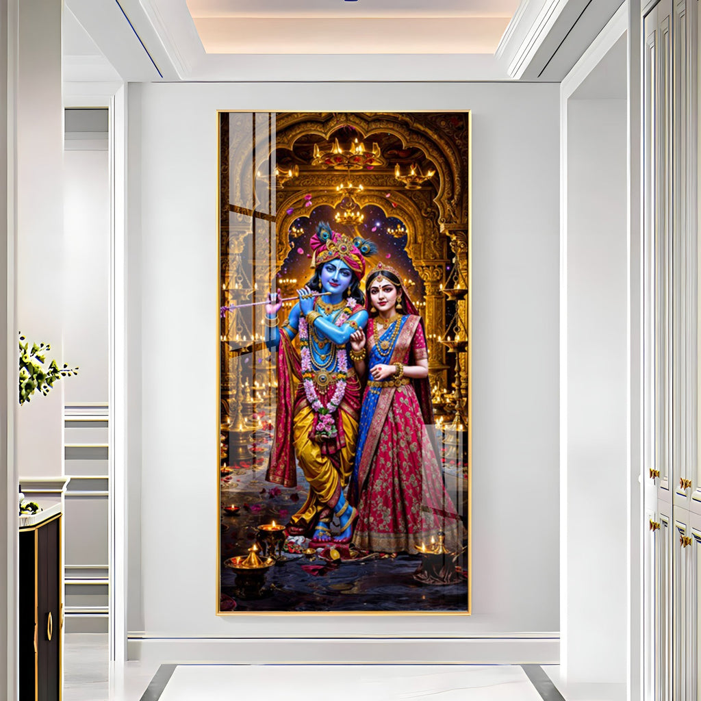 Premium Radha Krishna Acrylic Wall Painting with Rich Colors and Decorative Diya Lighting Theme