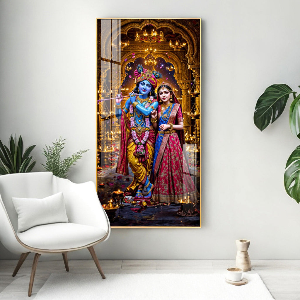 Premium Radha Krishna Acrylic Wall Painting with Rich Colors and Decorative Diya Lighting Theme