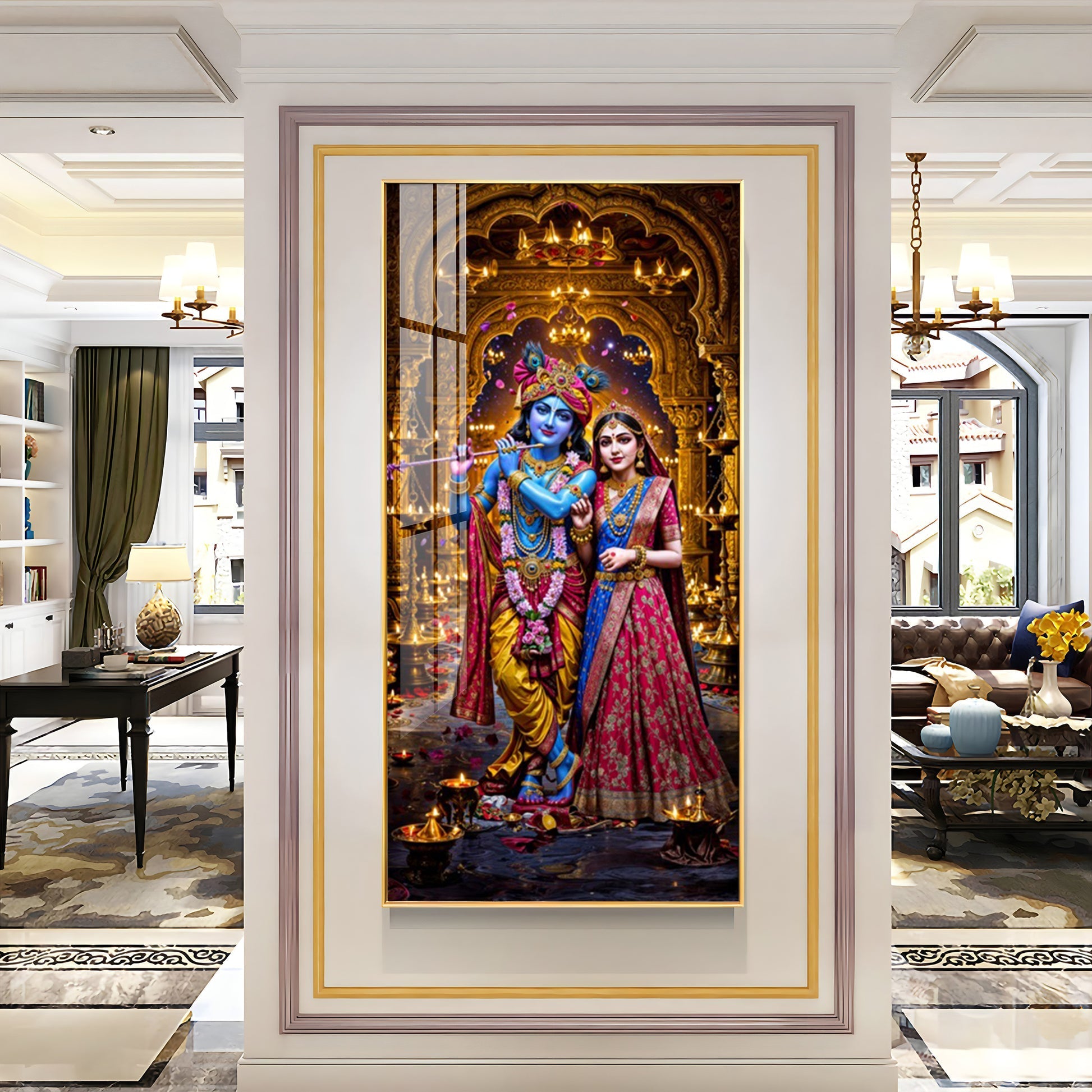 Premium Radha Krishna Acrylic Wall Painting with Rich Colors and Decorative Diya Lighting Theme