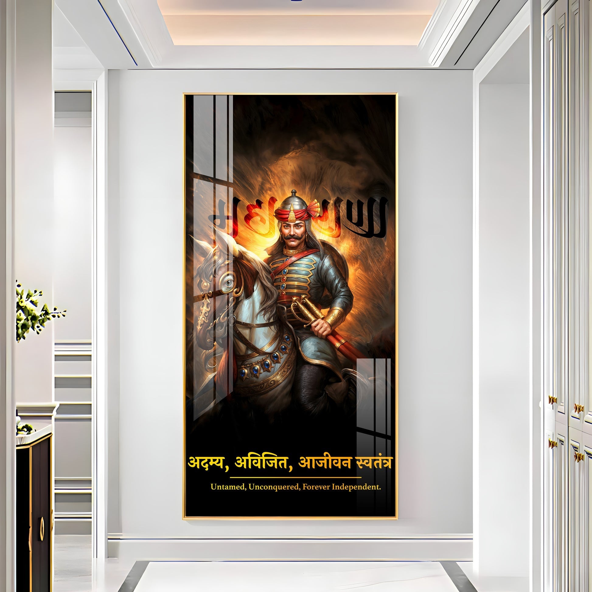 Powerful Chhatrapati Shivaji Maharaj Warrior Acrylic Wall Painting with Horse and Fire Background