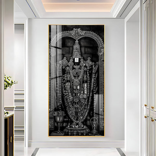 Classic Black and White Lord Venkateswara Acrylic Wall Painting with Traditional Temple Design