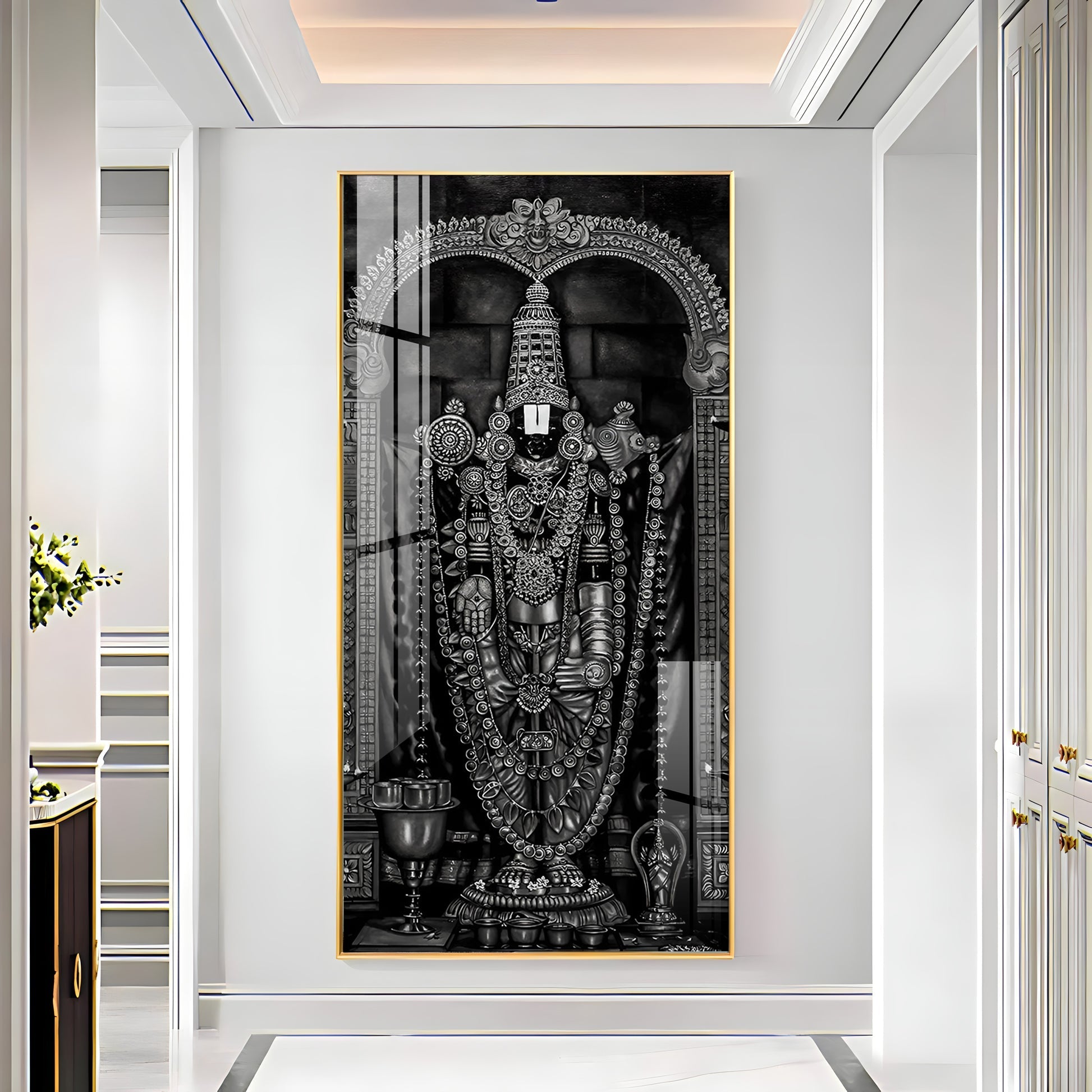 Classic Black and White Lord Venkateswara Acrylic Wall Painting with Traditional Temple Design