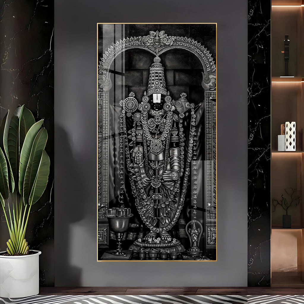 Classic Black and White Lord Venkateswara Acrylic Wall Painting with Traditional Temple Design