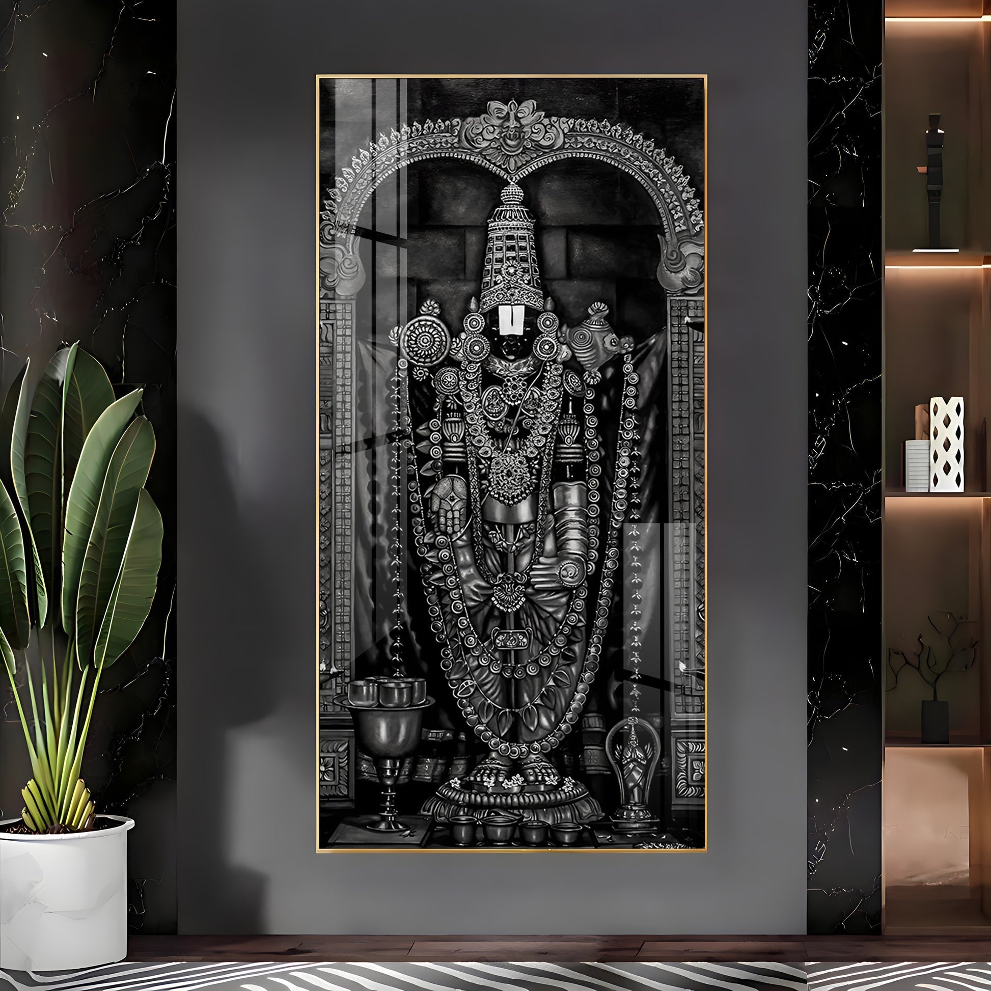 Classic Black and White Lord Venkateswara Acrylic Wall Painting with Traditional Temple Design