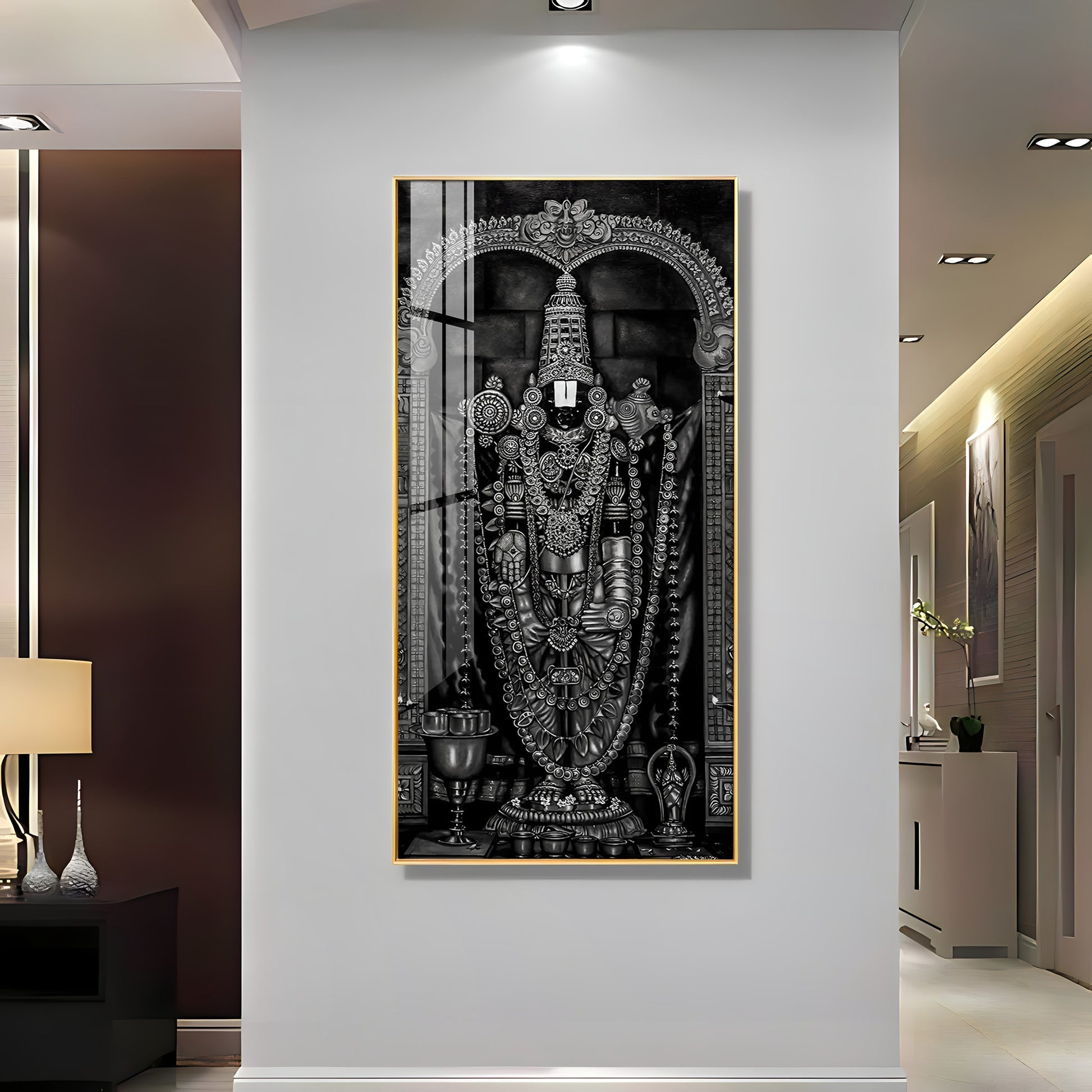 Classic Black and White Lord Venkateswara Acrylic Wall Painting with Traditional Temple Design